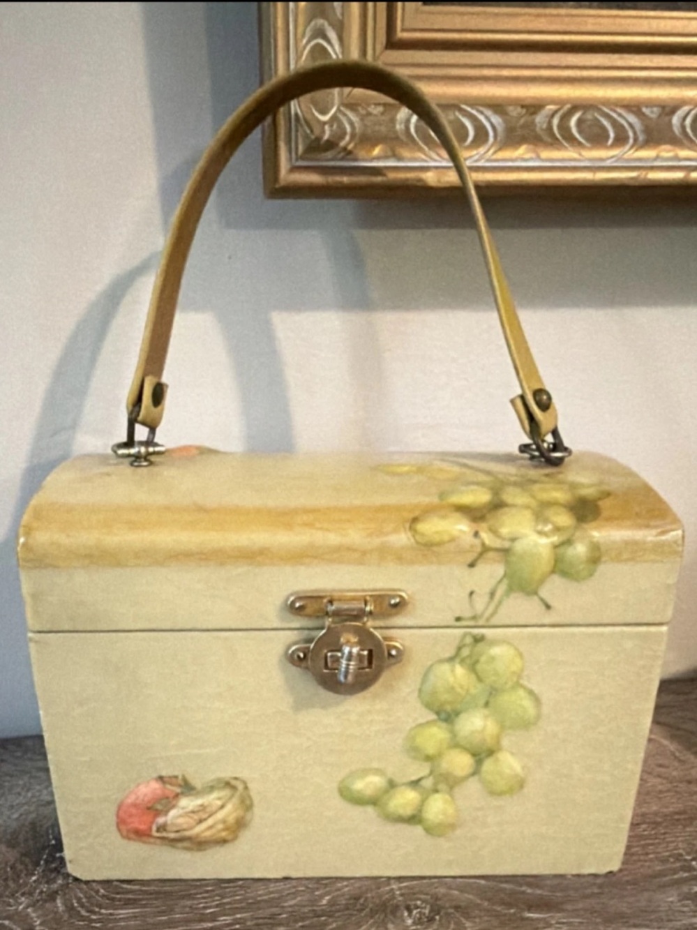 Vintage MCM Decorative Wood Box Purse Beige Raised Fruit Top-Handle 60’s/70’s